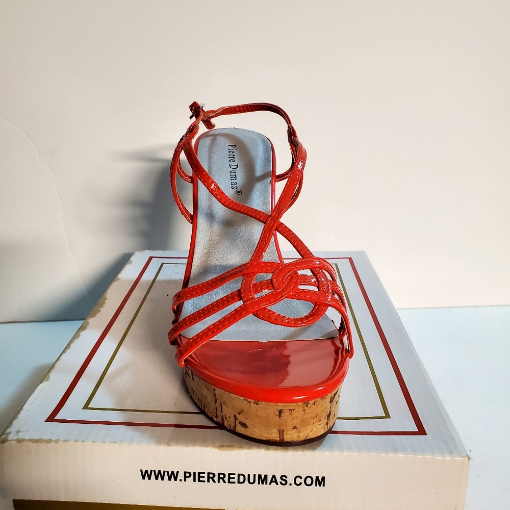 Women's  Red Pat Cork Wedge Sandals, Pierre Dumas, Size 10 NIB.